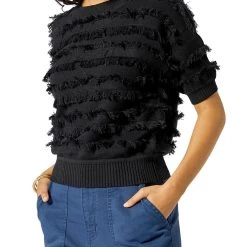 Joie Anni Womens Fringe Ribbed Trim Pullover Sweater