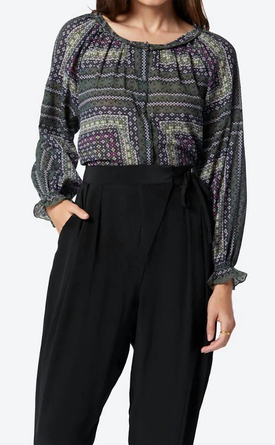 Joie women Moneta Long Sleeve Cotton Top in Duffel Bag Multi Black 1 Joie women Moneta Long Sleeve Cotton Top in Duffel Bag Multi Black